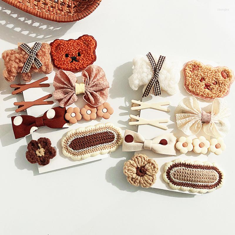 

Hair Accessories 9Pcs/Set Cute Baby Girl Clips Cartoon Bear Children Hairpin Bowknot Knitted Flower Kids Barretees, Coffee