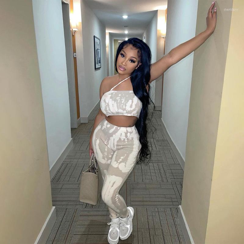 

Women' Two Piece Pants Echoine Tie Dye Print Strapless Crop Top Set Ladies Party Night Clubwear Sexy Outfits Street 2022 Summer, Khaki
