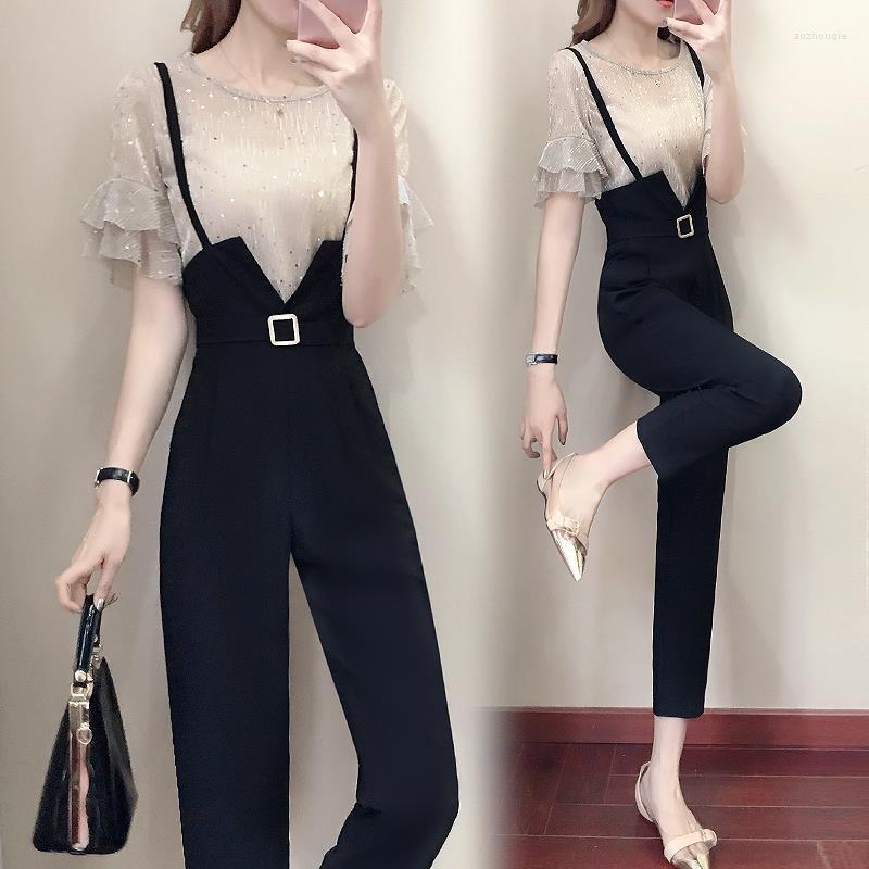 

Women' Two Piece Pants Chiffion Women Short Sleeve O-neck Crop Top High Waist 1Piece/2 Set For Female Tops Women' Casual Suits, Apricot top