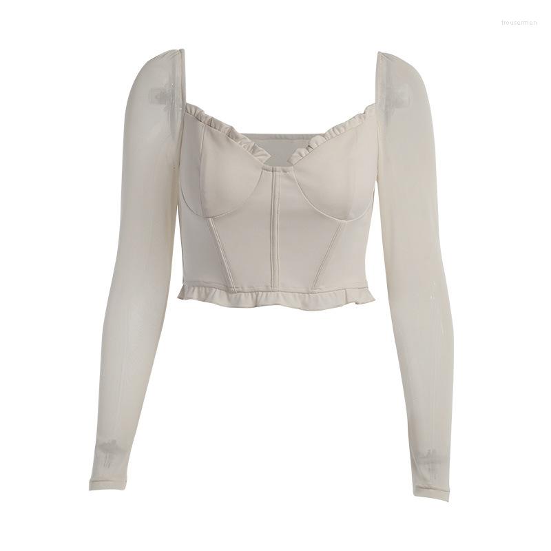 

Belts Fajas Fall Winter Ruffle Patchwork Corset Crop Top Women Black White Casual Long Sleeve Bodycon T Shirts Sexy Vintage Belt