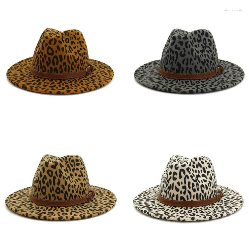 

Berets Women Men Lady Leopard Panama Cap Jazz Formal Hat Felt Wool Chapeau Wide Brim Fedora Hats Trilby Autumn Winter Fashion, Khaki