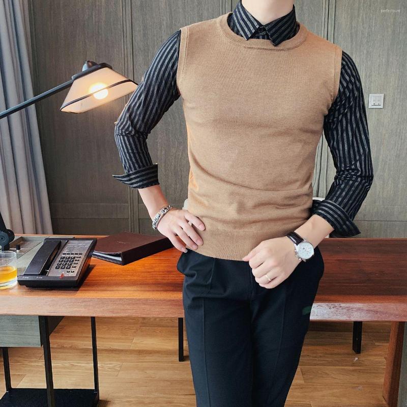 

Men's Sweaters Fit Men's Slim All-match Fake 2-piece Sweater Striped Shirt Collar Knitted Vest Long Sleeve Top Korean Men Fashion, Black