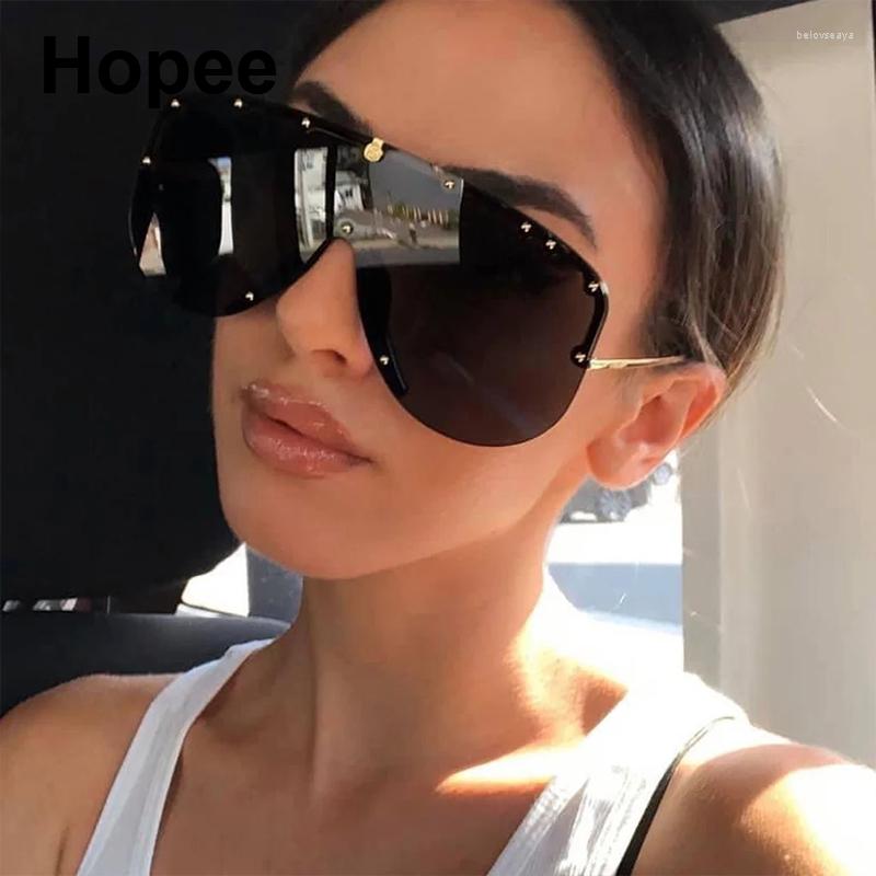 

Sunglasses Oversized Metal Rivets Black Women Mask Tinted Lens Semi Rimless Sun Glasses Shades Men 2022 Fashion Large Eyewear