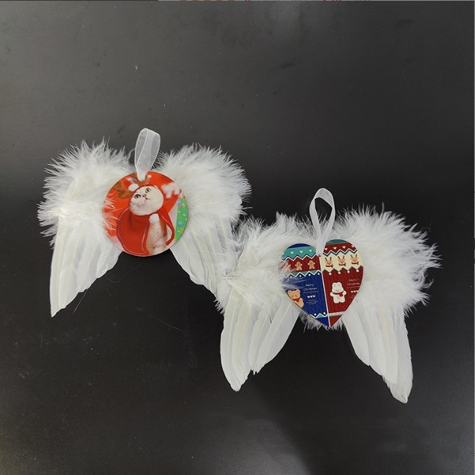 

Heat Transfer Angel Wings Christmas Decoration Feathers Pendant Round And Heart Double-layer DIY Christmas Tree Hanging Tag