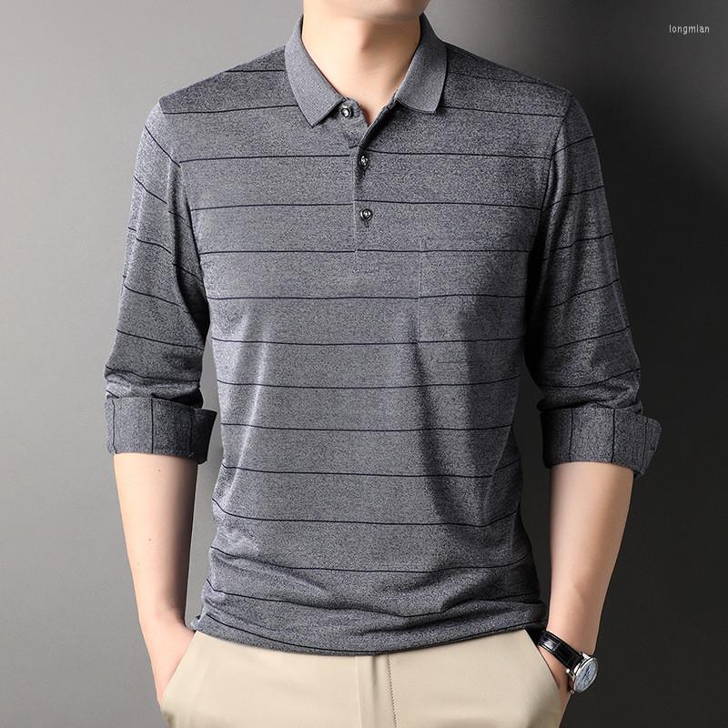 

Men's T Shirts Fashion Cotton Polo Shirt For Men Long Sleeve Striped Autumn And Spring Clothing Business Casual Male Korean Tops, Green