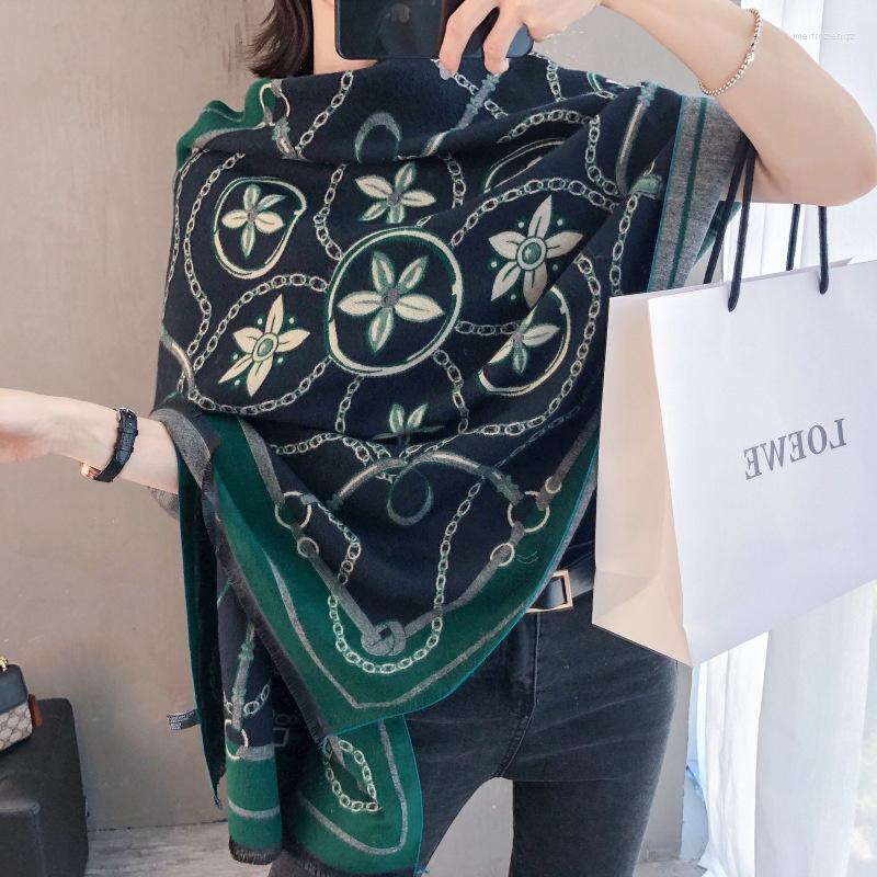

Scarves Amry Green Wool Large Size Women Scarf Mask Pashmina Autumn Winter Chain Five Leaf Clover Design Women's Fashion Shawl