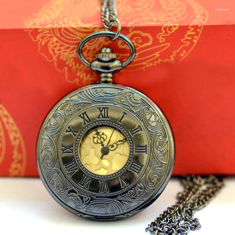 

Pocket Watches Vintage Luxury Black Quartz Watch For Men Engraved Case Skeleton Steampunk Fob Chain Necklace Clock Collection Gift, 04