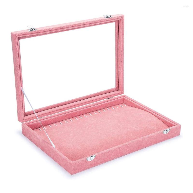 

Jewelry Pouches 20 Hooks Tray Box Bracelet Showcase Display Storage Holder Necklace Organizer Stackable Velvet Clear Lid With Lock-Pink
