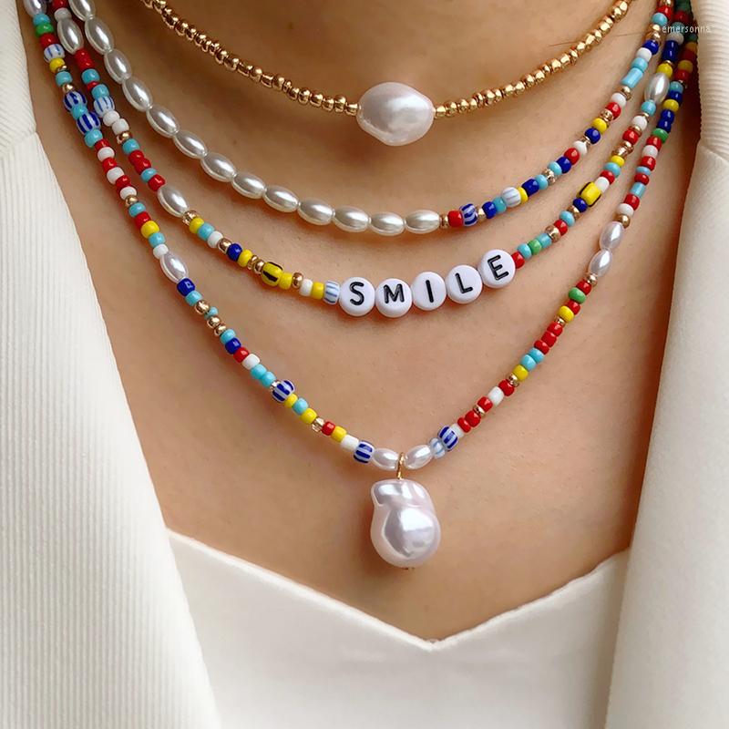 

Choker 2022 Bohemian Special-shaped Pearl Letter Collarbone Chain Stacked Color Millet Bead Necklace Women's Fashion Jewelry Gift