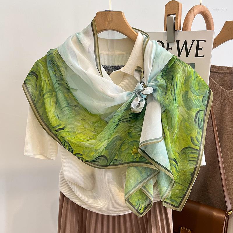 

Scarves Luxury Silk Scarf WomenOil Painting Long Women's Autumn And Winter Warm Bandanna Muslim Hijab Muffler Foulard