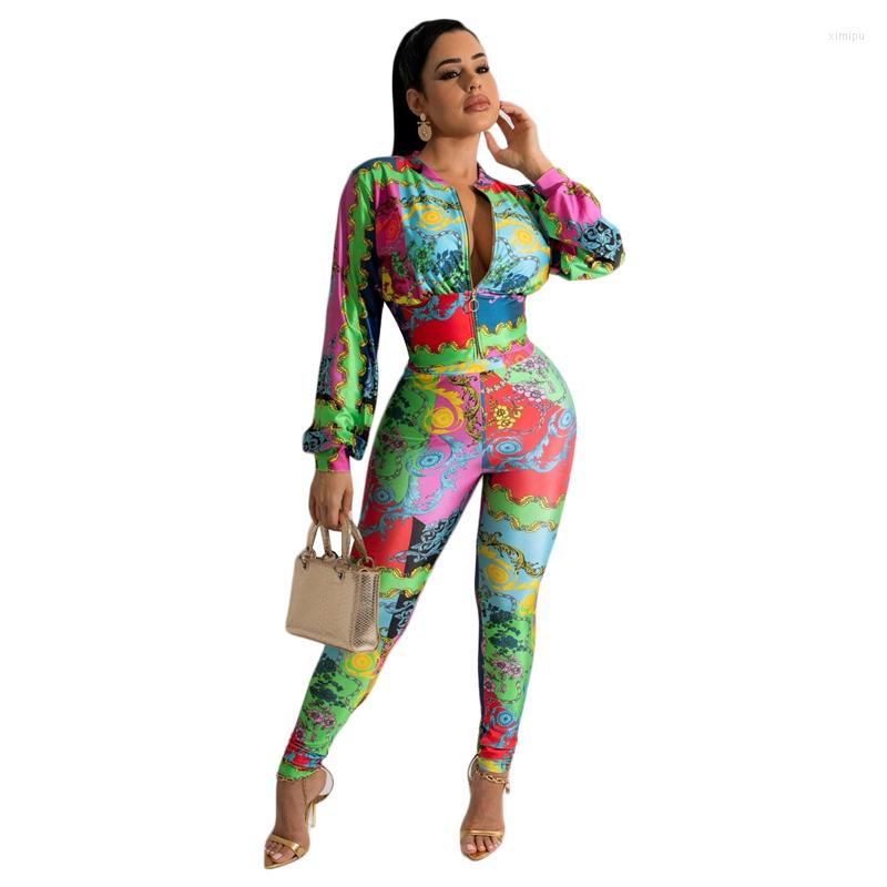 

Women' Two Piece Pants Tracksuit Women Set Zipper Corset Jacket Crop Tops Outfits 2022 Fashion Print Office Lady Pencil Pant Suits Sets, Multi