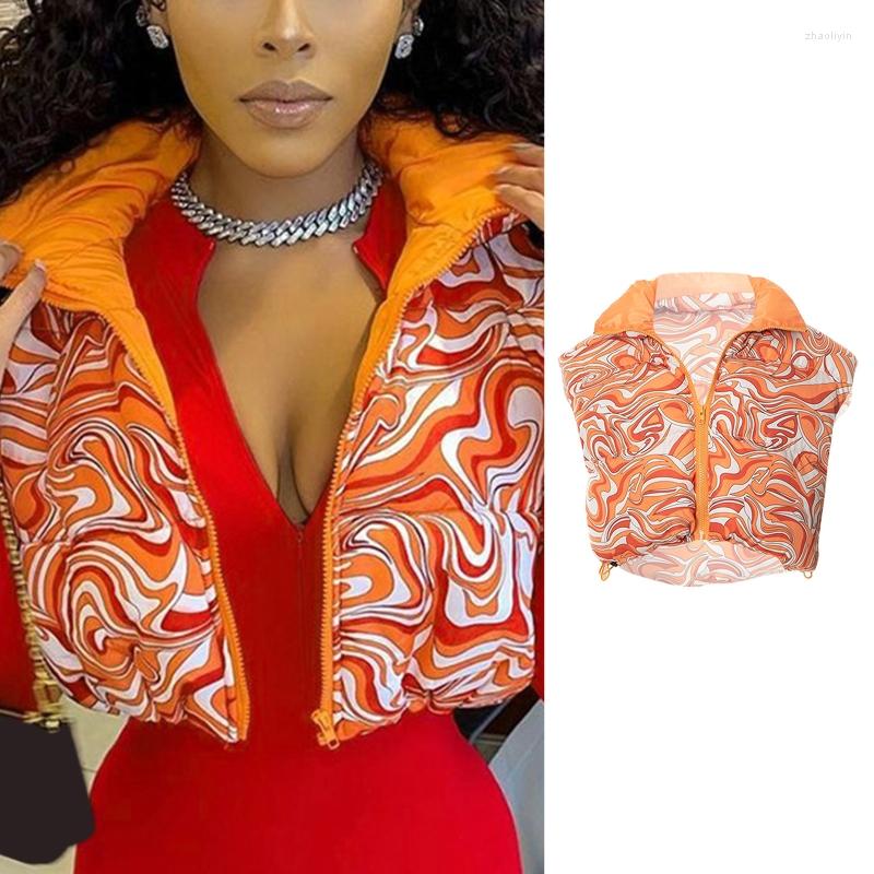 

Women' Vests Autumn Winter Warm Vest For Women Floral Print Lapel Cotton Sleeveless Zipper Jacket Chic Midriff-baring Waistcoat, Orange