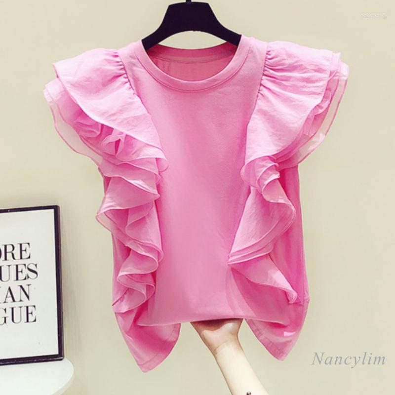 

Women' T Shirts 2022 Summer Top Women Mesh Patchwork Ruffled Sleeveless T-shirt Female Clothing Solid Color Cotton Tee, White