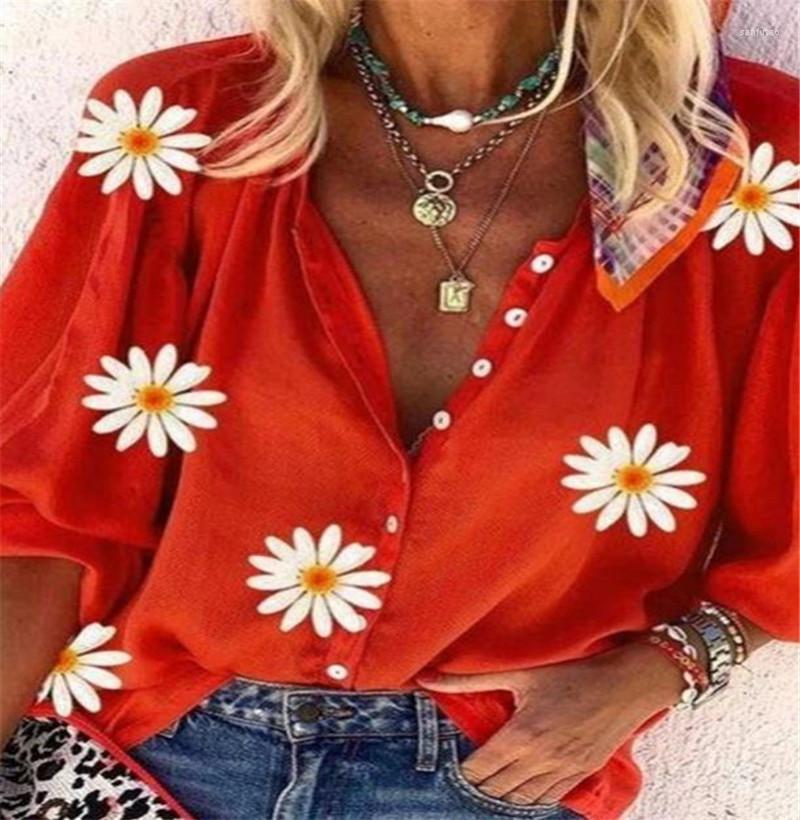 

Women' Blouses European American Women' Open Shirt Stand Neck Printed Top Single Breasted High Collar Relaxed Casual Holiday Short