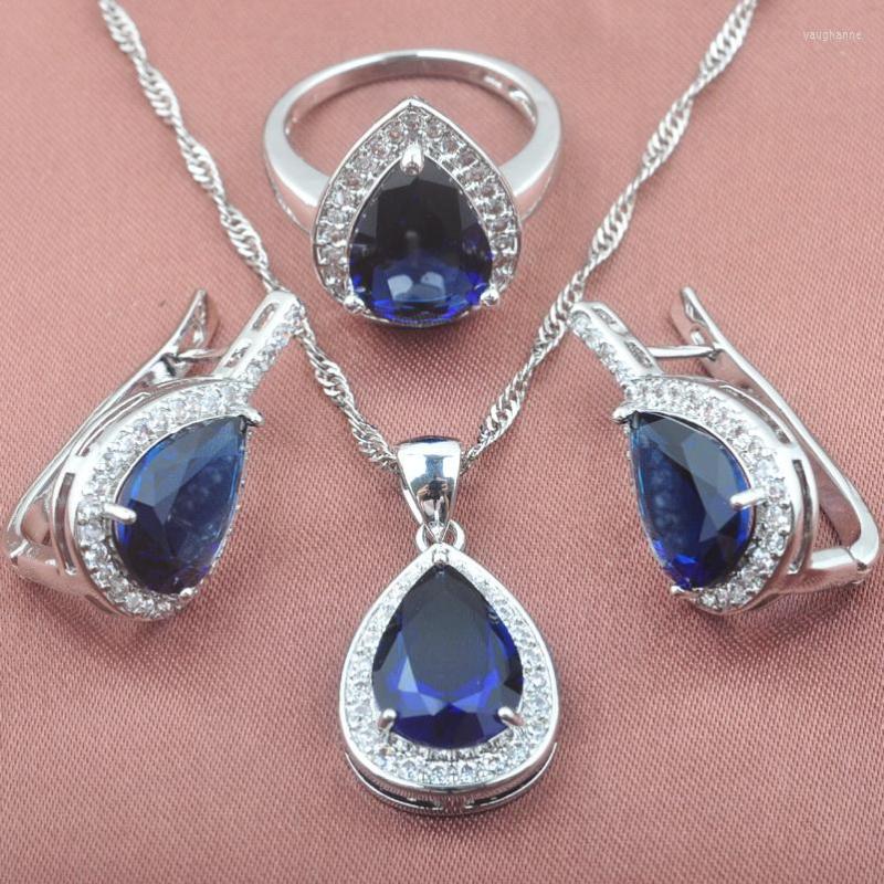

Necklace Earrings Set Blue Zirconia Women's Water Drop Design Silver Color Pendant Ring TZ0355, Picture shown