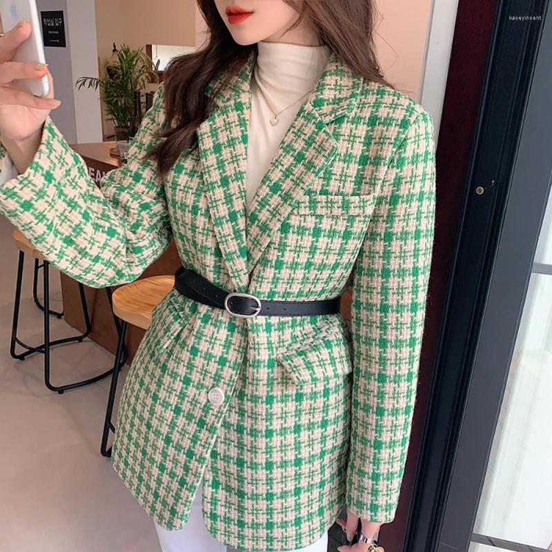 

Women' Suits 2022 Autumn High Street Houndstooth Blazer Warm Winter Jacket For Chic Woman Tweed Long Sleeve Thick Loose Padded Outwear, Green