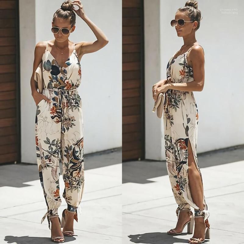 

Women' Jumpsuits Women' & Rompers 2022 Summer Women Holiday Casual Sleeveless Fashion Ladies Boho Floral Bodysuit Wide Leg Loose Long, Wine red