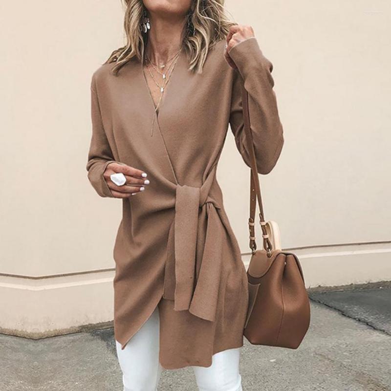 

Women' Trench Coats Women' Sweater Coat Chic Solid Color V Neck Long Sleeve Waist Knotted Casual Knitted Loose Wool Lace Up Jacket, Army green