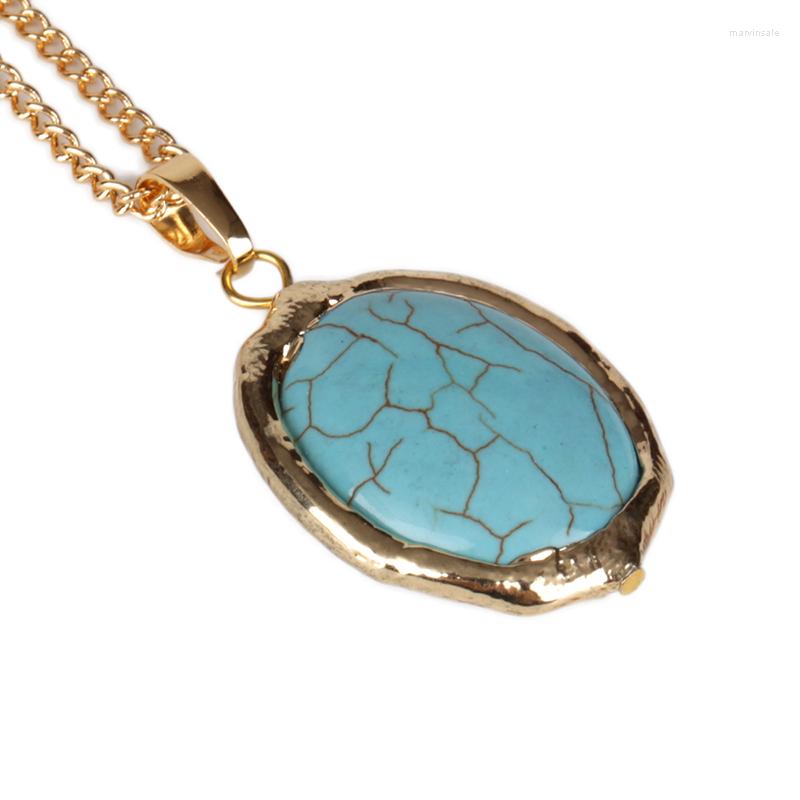 

Choker Oval Blue Howlite Semi Precious Stone Beads Brutal Handmade Gold Frame Pendant Necklace For Woman Man