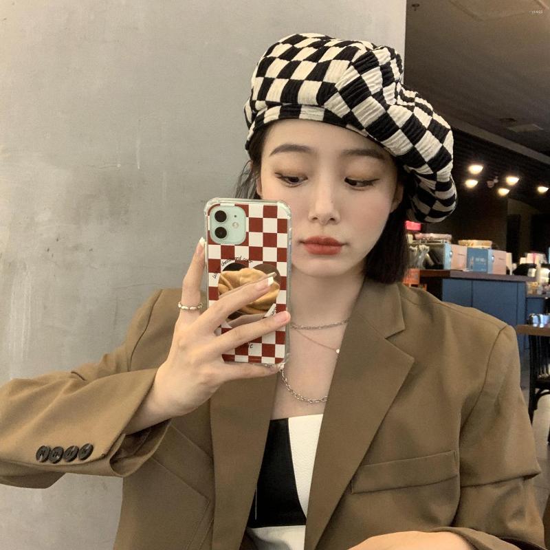 

Berets Checkerboard Grid Black Beret Fashion Plaid Octagonal Hat Autumn And Winter Houndstooth Girls Ladies