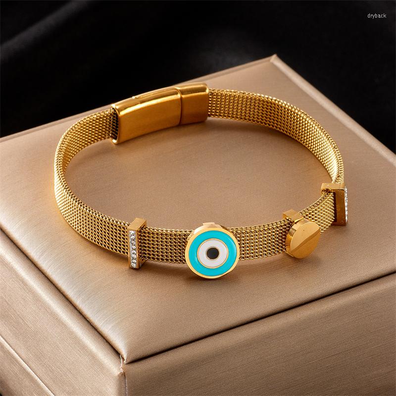 

Link Bracelets 316L Stainless Steel Fashion Fine Jewelry Zircon Spray Lacquer Round Eye Shape Charm Thick Chain Bangles For Women