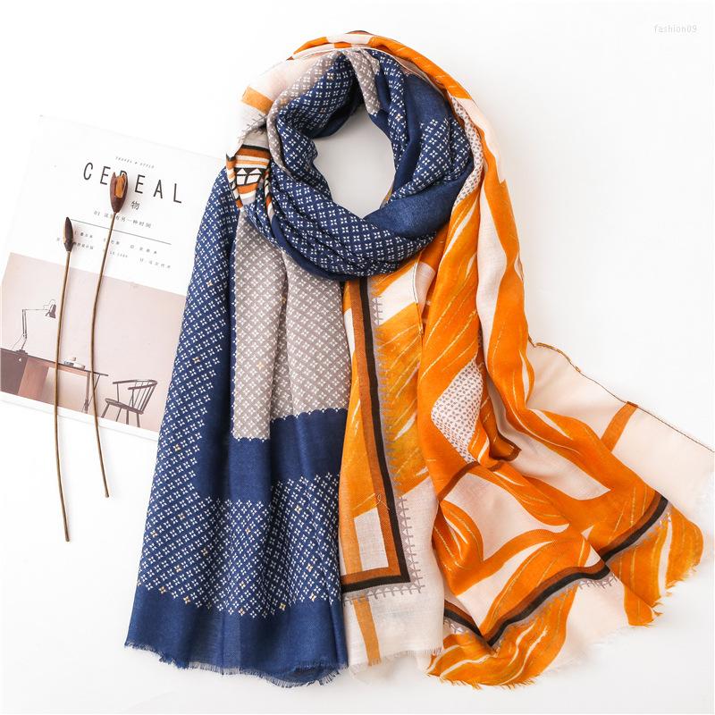 

Scarves Women Floral Print Scarf Geometric Girls Gold Foils Printed Capes Soft Rectangle Shawls Wraps Orange Navy Long