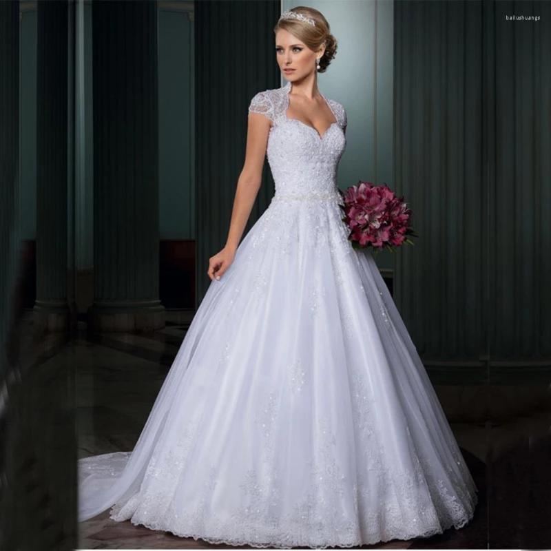

Wedding Dress Exquisite A Line White Sweetheart Crystals Beads Short Sleeves Bride Marriage Lace Bridal Gowns Detachable Train