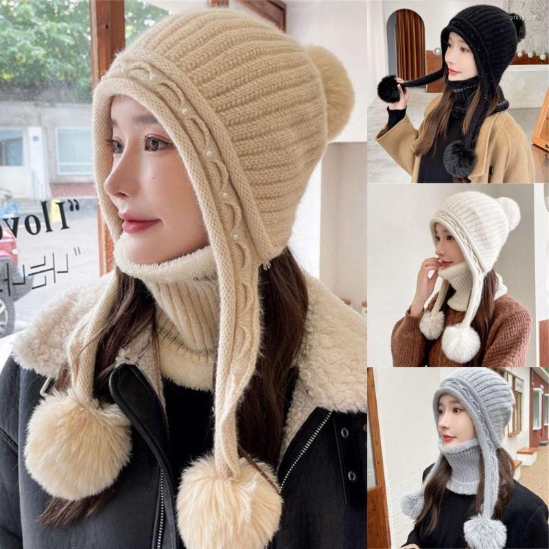 

Berets 2022 Winter Beanie Hat Scarf Set For Men Knitted Cap Women Thick Wool Neck Balaclava Mask Bonnet, Black 5