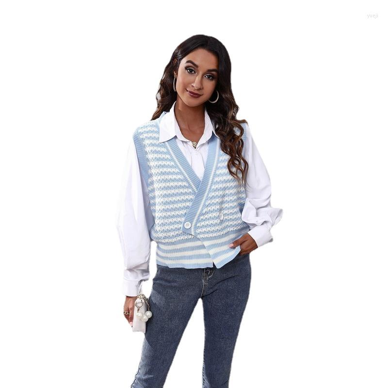 

Women' Knits Sweater Vest Women Striped Korean Sytle Sleeveless V-Neck All-match Loose Casual Preppy-style Lovely Students Fashion Ulzzang, Sky blue