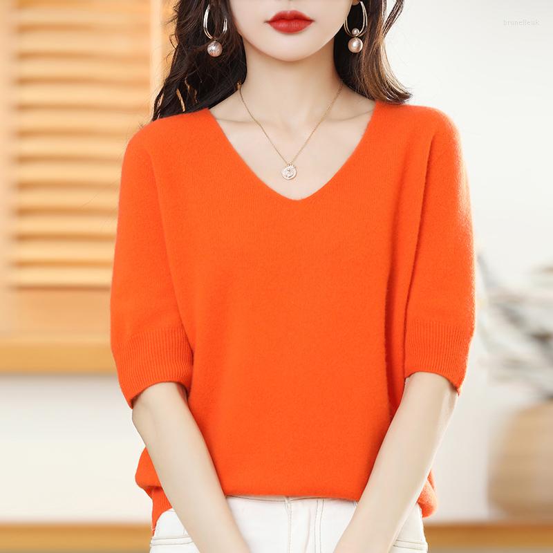 

Women' Sweaters Women' Short Sleeve Seamless Cashmere Sweater Knit Pure Wool 2022 Spring/Summer Half V-Neck T-Shirt Korean Pullover, Green