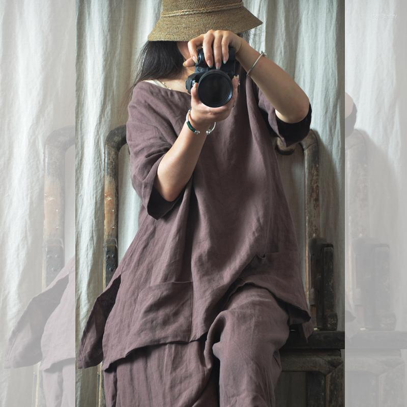 

Women's T Shirts Women's T-Shirt Women Retro Ramie Tops Tee Ladies Vintage Loose Shirt Female Solid Color Short Sleeve Summer Tees, Beige