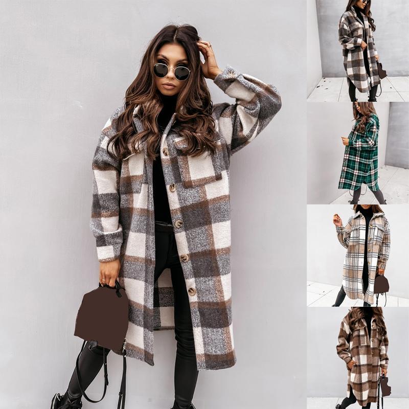 

Women Jackets Plaid Midi Long Coat Fashion Women Autumn Winter Sleeve Loose Pocket Ladies Casual Jacket Elegant Outwear wholesale, Coffee