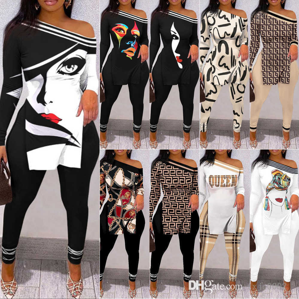 

2022 Fall Winter Women 2 Piece Pants Outfits Personalise Letter Printed Off Shoulder Split T-shirt Leggings Matching Sets, Khaki