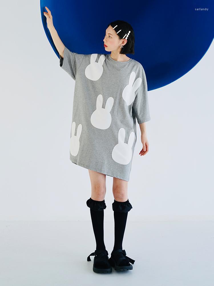 

Casual Dresses Imakokoni Original Design Tusky Pure Cotton Gray Patch Large T-shirt Dress Female All-match 223601Casual, Grey