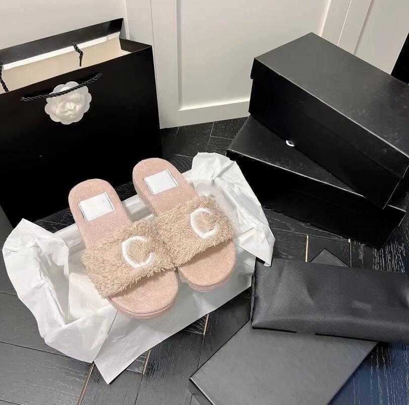 

Slipper Designer Wool Slides Womens Flip-Flops Sandals Fashion Home Flat Bottom Fur Slippers Pink Solid Color Winter Sexy Plush Warmth, Box
