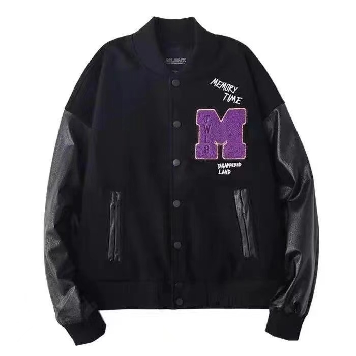 

Black Letter M Men Sports Jacket Brand Embroidery Baseball Patchwork Streetwear Stand Collar Rocky Harajuku College Varsity Coat Couples