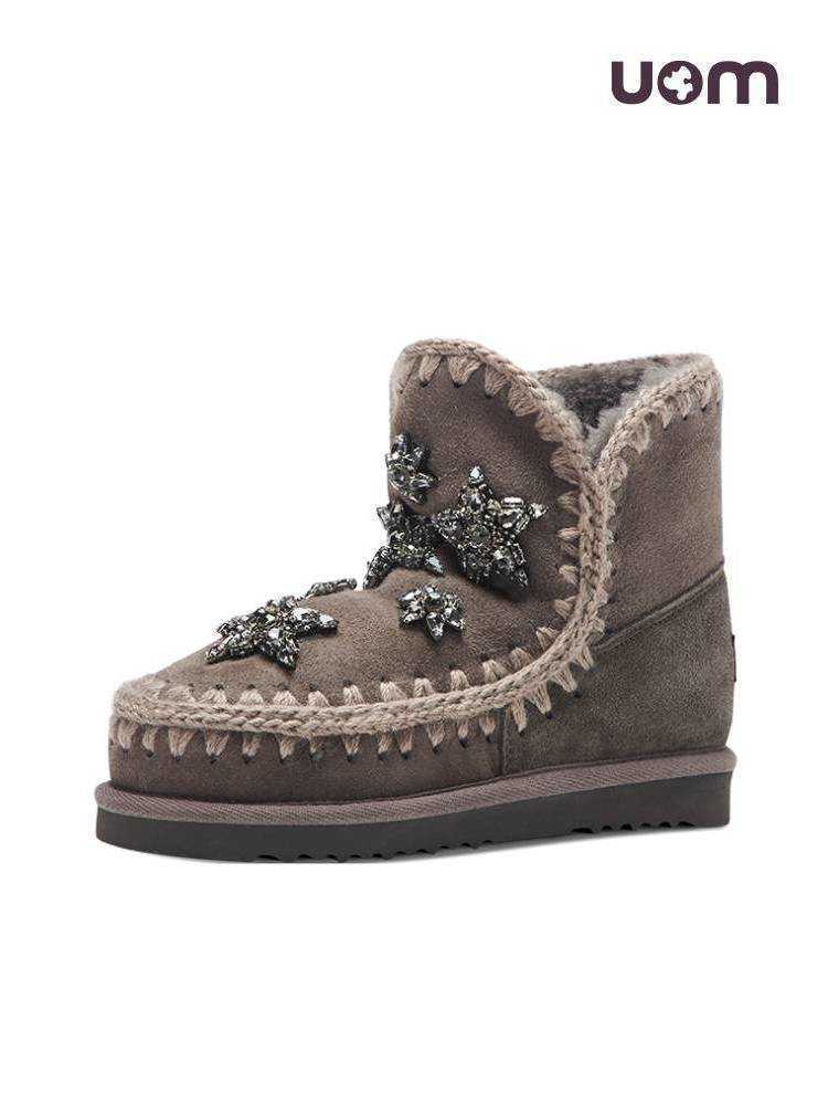 Brand Designer Boots Rain Mou Crystal Star Diamond Women's Snow Leather Wool Short Shoes ESKI18STACR-BKBK/CHA