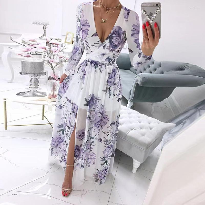 

Casual Dresses Chiffon Dress Women Summer Long Sleeves V Neck Printed Bohemia Maxi Elegant Fashion Commute Irregular VestidosCasual, White