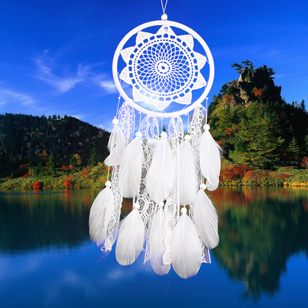 

White Dream Catcher Decorative Objects Wooden Beads Lace Pendant Feather Ornaments Ribbons Wind Chime For Car Christmas Bedroom Hanging Decor 1223424