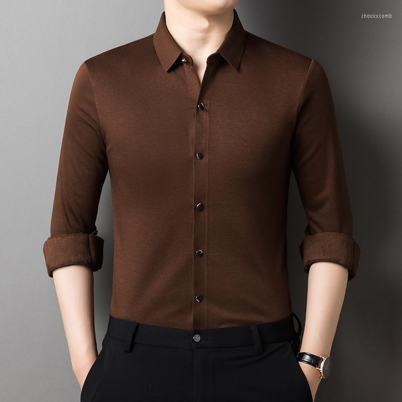 

Men's Casual Shirts Minglu Wool Long Sleeve Men's Luxury Seamless Solid Color Business Male Fashion Simple Man Tees 4XL, Black