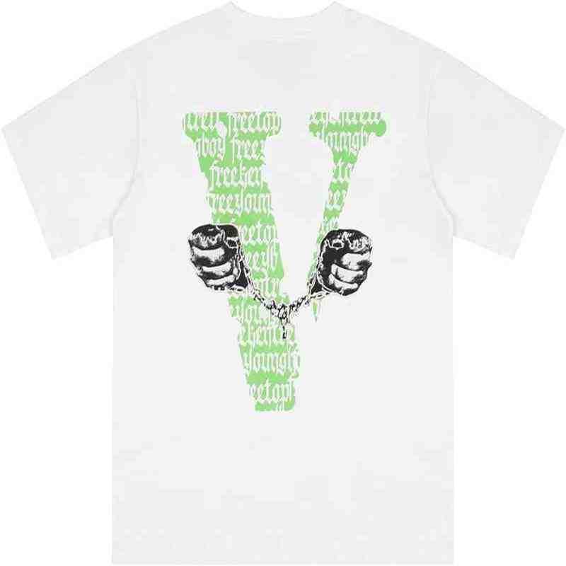 

Rapper letter large V T- hip hop handcuffs printed round neck short T-shirt for men women, Black / / white