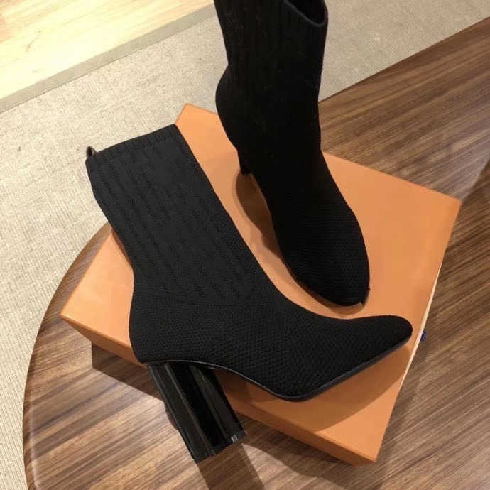 

Fashion Women Designer Boots Silhouette Ankle Boot Black martin booties Stretch High Heel Sock Boots and Flat Sock Sneaker Boot, Box