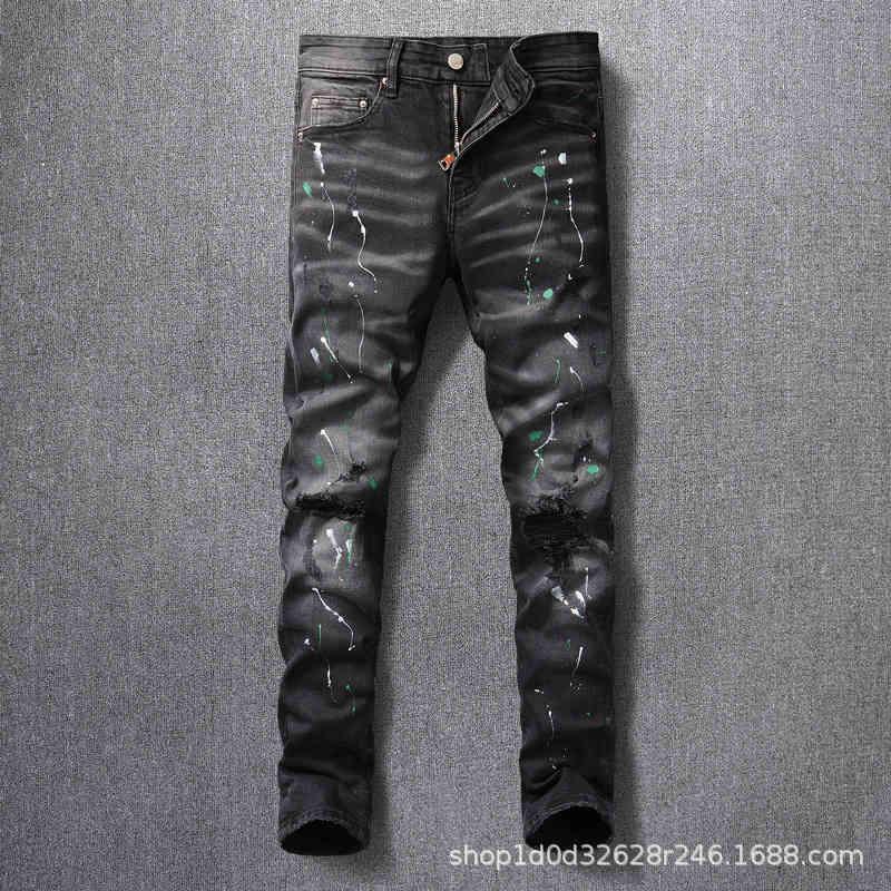 

amirs men jeans amirs Street fashion men's jeans with holes painted old black grey slim fit punk hip hop men's pants Hip Hop FEj