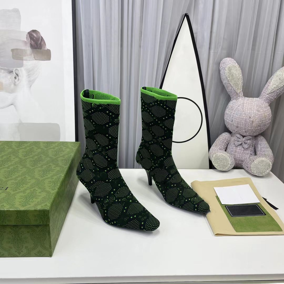 

Ankle Women's boots Sock-like booties Black and fluorescent yellow technical knit fabric Square toe women'shoe 7.5CM heels dress shoes Winter Classic Knee Boots Zip, Green