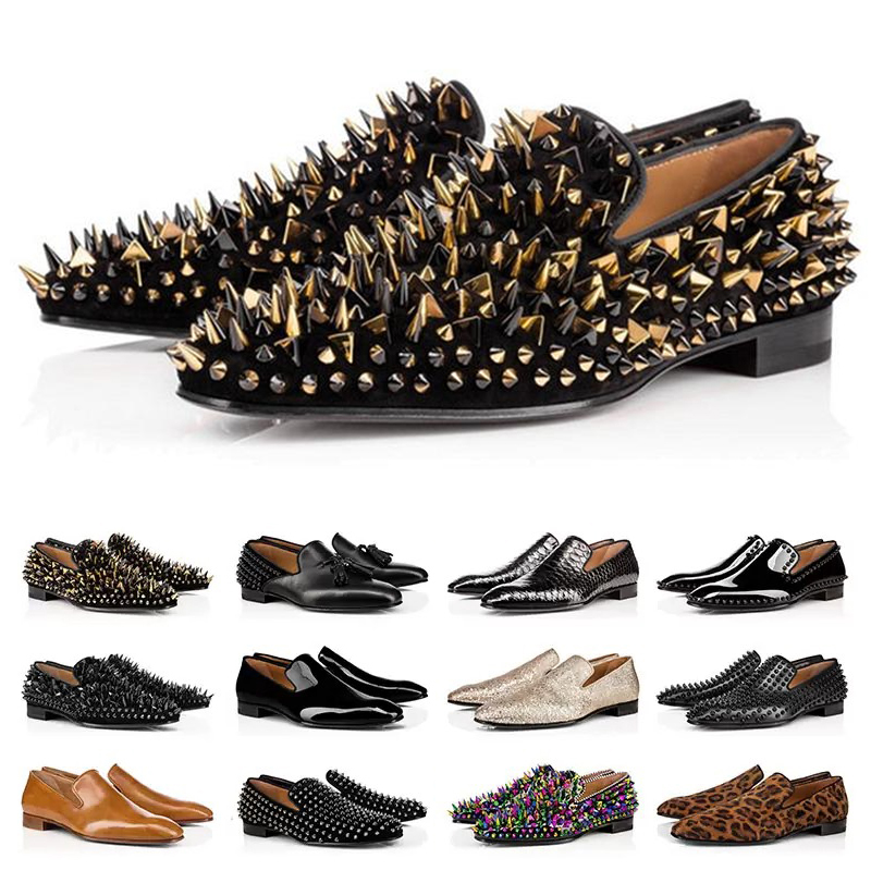 Homme rouge semelles de chaussures habillées designers rivets plats à plat broderie pour hommes banquet luxurys semelles rouges patent en daim st