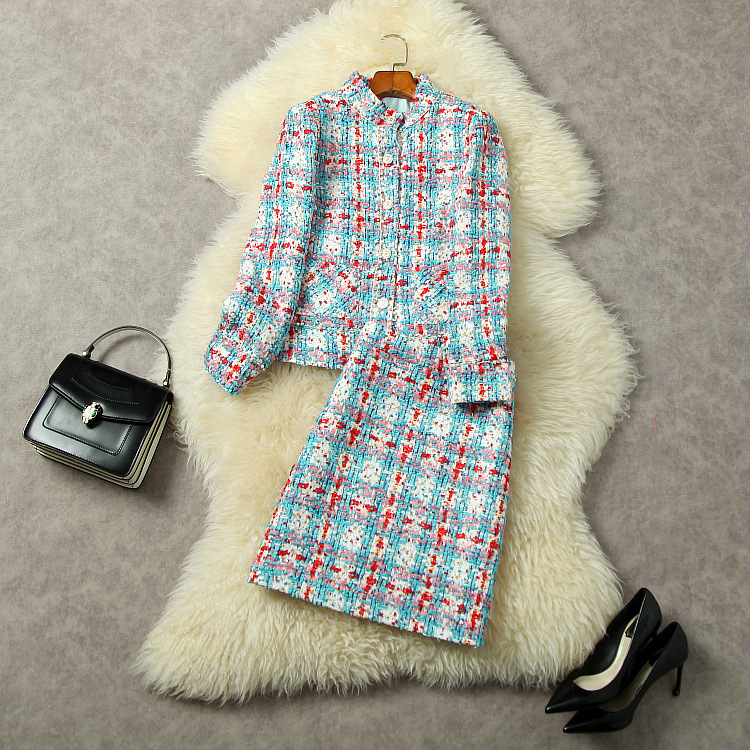 

Two Piece Dress New European and American women's wear for winter 2022 Long-sleeved single-breasted blue tweed coat skirts Fashion suits