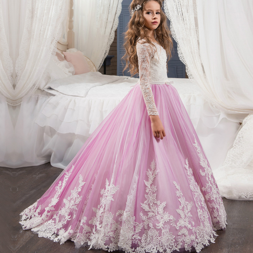 Lace Flower Girl Dress Bows Children's luxury First holy Communion Dress Princess Tulle Ball Gown Wedding birthday Christmas Halloween Party-image-812106803