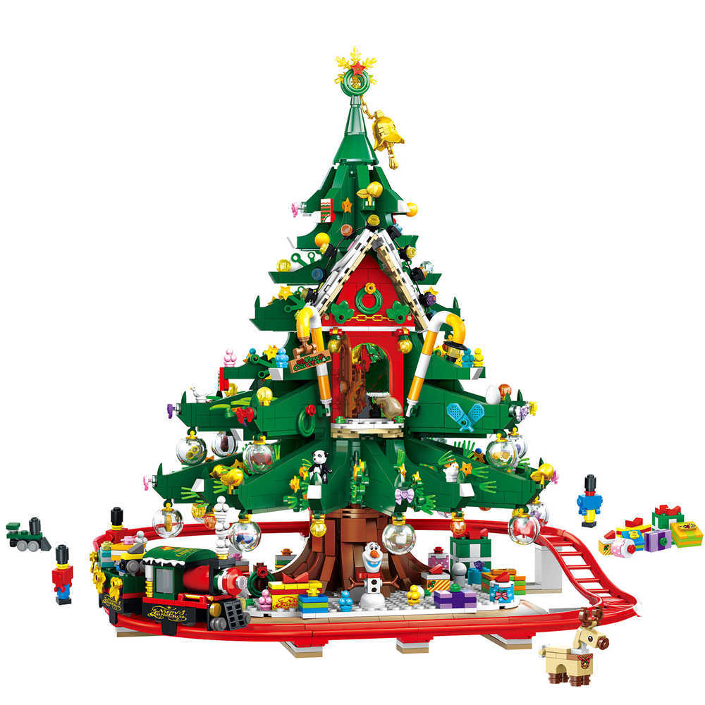

Blocks New Winter Village Christmas Tree House Santa Claus City Train Reindeer Gingerbread Model Building Bricks Toy New Year Gift T221022