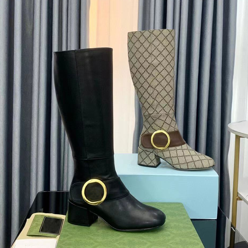 

High heeled Long boots Autumn winter Coarse heel women shoes real leather zipper letter Metal Belt buckle High boot Arabic designer shoe lady Heels size 35-41 With box, Brown