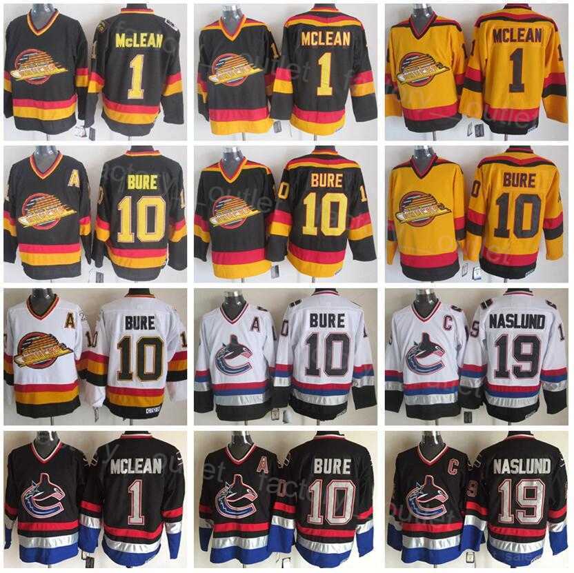 

Throwback Vancouver Retro Canucks Hockey 10 Pavel Bure Jersey 1 Kirk Mclean 19 Markus Naslund Vintage Black White Yellow Team Stitching For Sport Fans Breathable